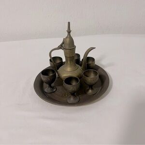 Brass Turkish Arabic 8 Piece Set Mini Cups Vintage Teapot & Tray (Need Cleaning)